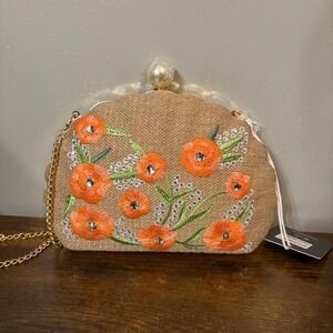 NWT Haute Hippie Clamshell Jute w/‎ Orange Embroidered Flowers Rhinestones Purse